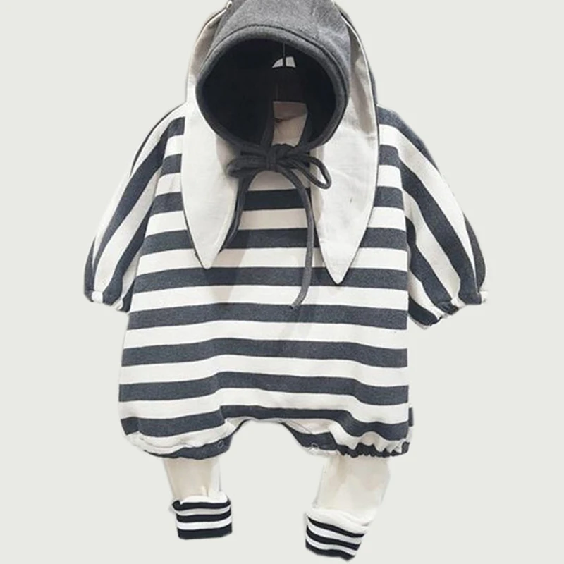 

For newborn baby Autumn Cute Baby Clothing Loose One-piece Striped Bunny Romper Hat Net Red Baby Romper One-piece