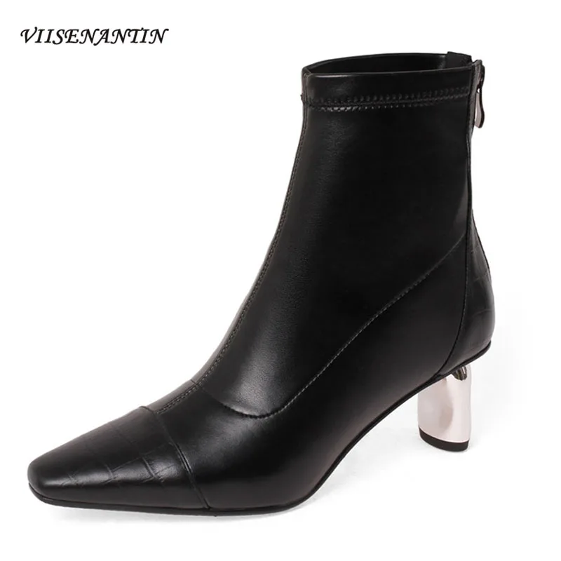 

Женские ботильоны с острым носком, бежевые эластичные ботильоны на толстом каблуке, с гальваническим покрытием