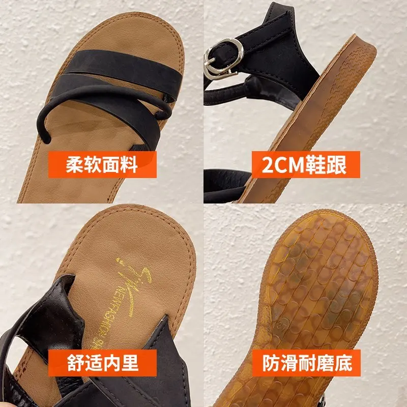 

2021 Summer Beige Heeled Sandals Anti-Skid Retro Woman Shoes Soft Black Fashion Original Flat Comfort Velvet Low Girls Outside