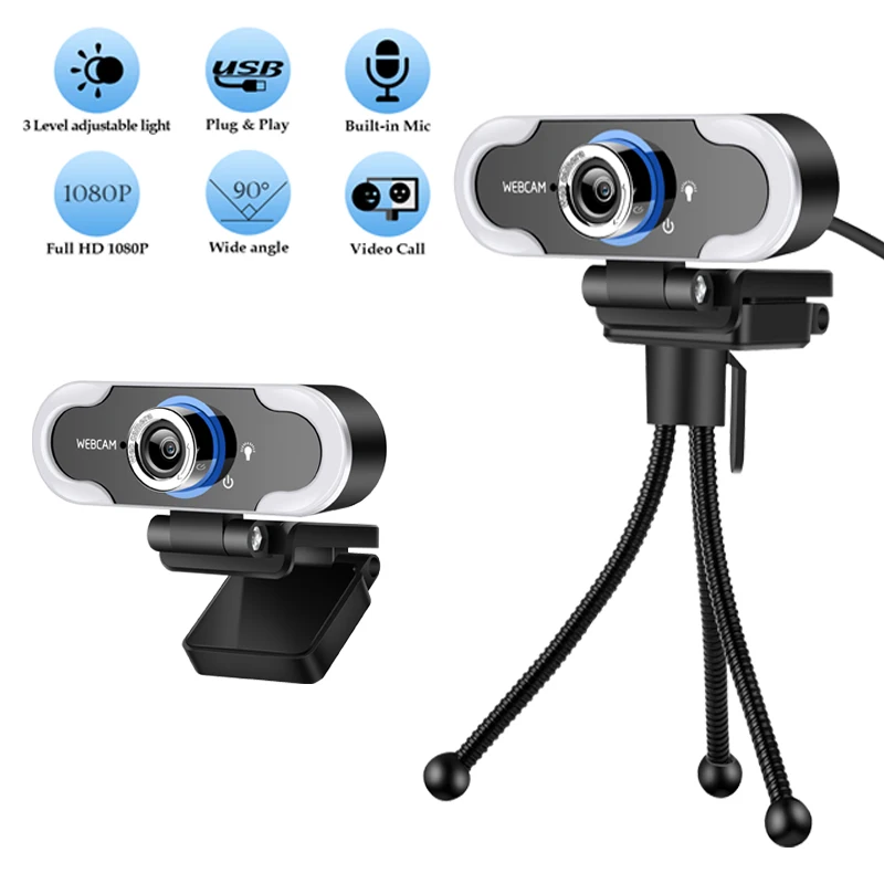 

Webcam Full HD 1080p computer PC webcam microphone usb mini camera suitable for live video call conference work with fill light