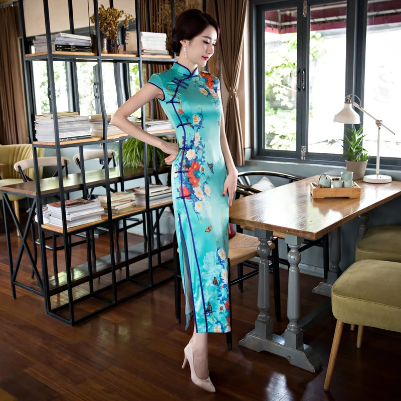 

Lake Green Women Sexy Hight Split Cheongsam Elegant Slim Print Floral Chinese Dresses Wedding Party Straight Satin Qipao Skirt