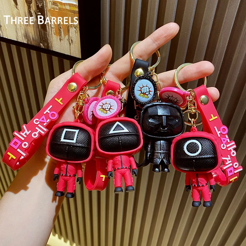 

Squid Game Keychain Charms Cute Cartoon Soldier Triangle 3d Mini Doll Figurine Key Ring Car Backpack Pendant Gift Ornament