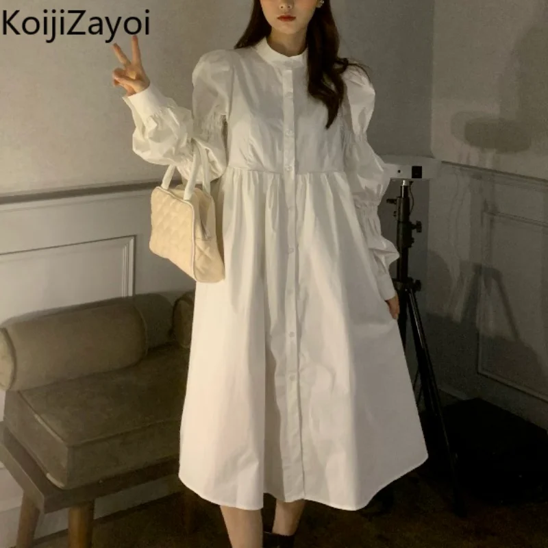 

koijizayoi sweet women white shirt maxi dress long sleeves o neck a line dresses female chic korean vestidos single breasted
