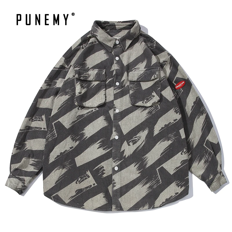 Мужские рубашки в стиле ретро хип-хоп вельветовые с длинным рукавом забавным