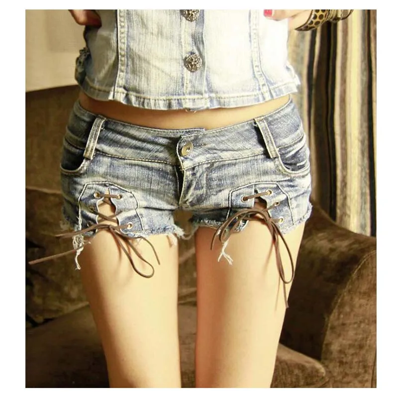Шорты женские джинсовые на шнуровке винтажные пикантные бандажные стринги