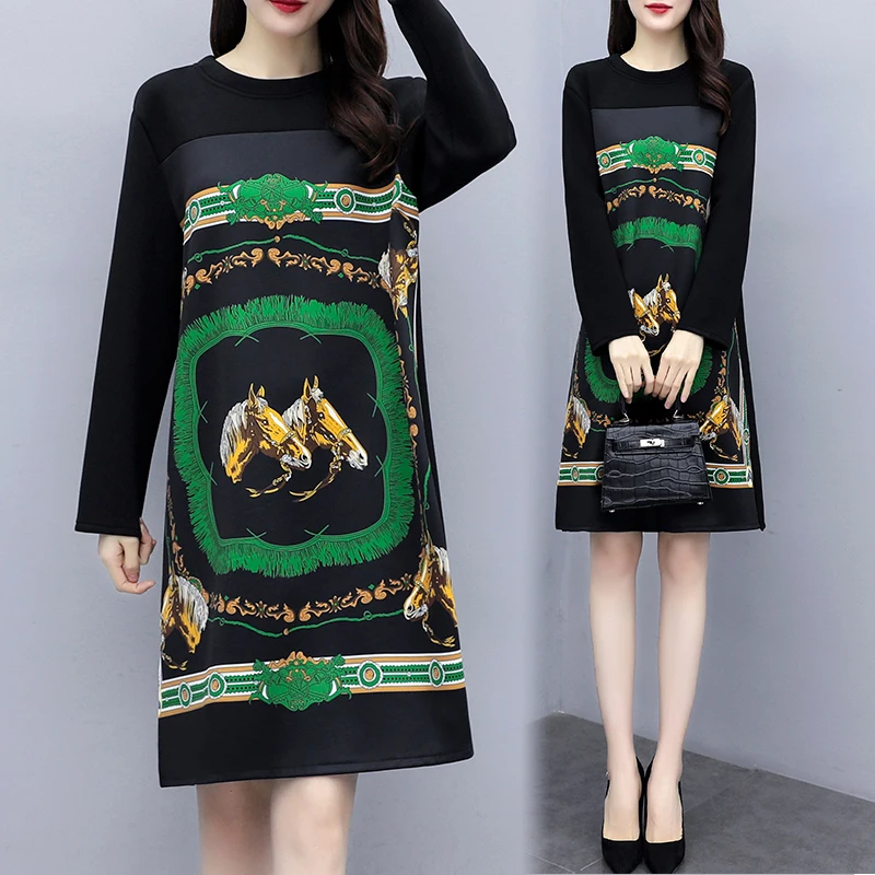 

plus size women print dress autumn spring printed black dresses woman plus size dress