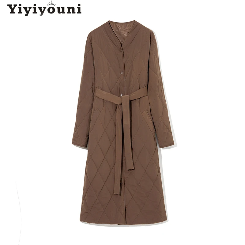 Yiyiyouni Diamond Lattice Long Padded Parkas Women Autumn Winter Belted Cotton Liner Down Jacket Female Elegant Slim Warm Coats