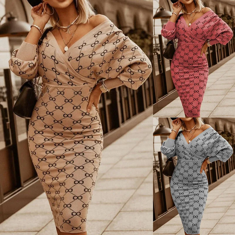 

2021 Spring And Autumn New Fashion Long-sleeved Plaid One-step V-neck Wrap Hip Dress Knitted Print Slim Casual Women's Clothing