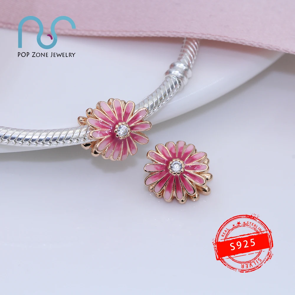 

Fit Original Pandora Charm Bracelets Pink Daisy Flower Charm Strong Free Fashion 925 Sterling Silver Fine Beads DIY New Jewelry
