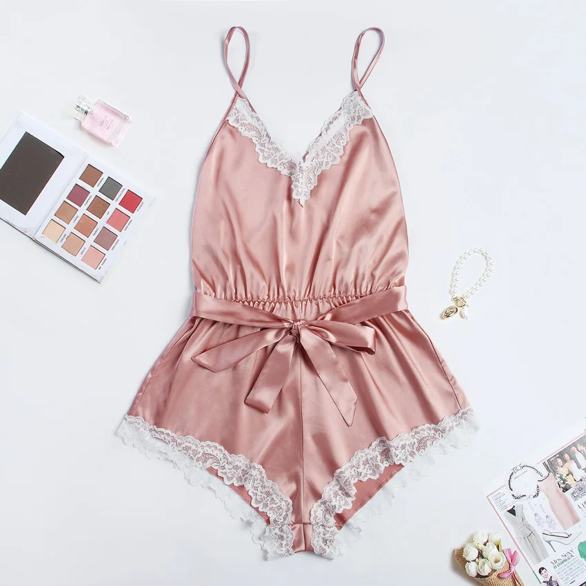 

Sexy romper elegant bodysuits satin pajamas belt playsuit casual holiday body mujer jumpsuits comfy nightdress