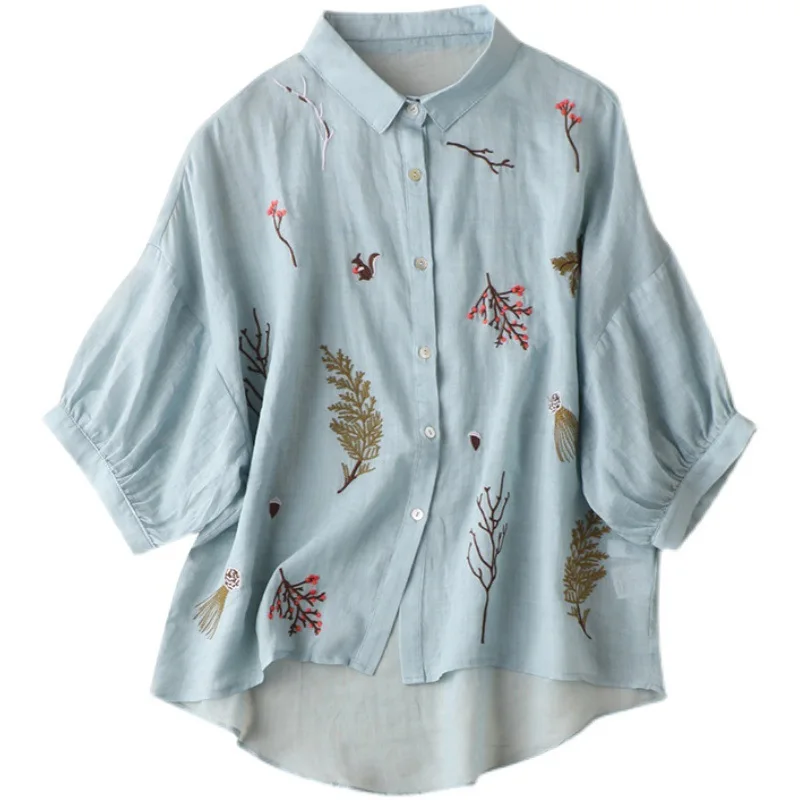 

SHUCHAN Button Up Shirt Women Embroidery Prairie Chic Three Quarter Sleeve Turn-down Collar Ramie Floral Puff Sleeve