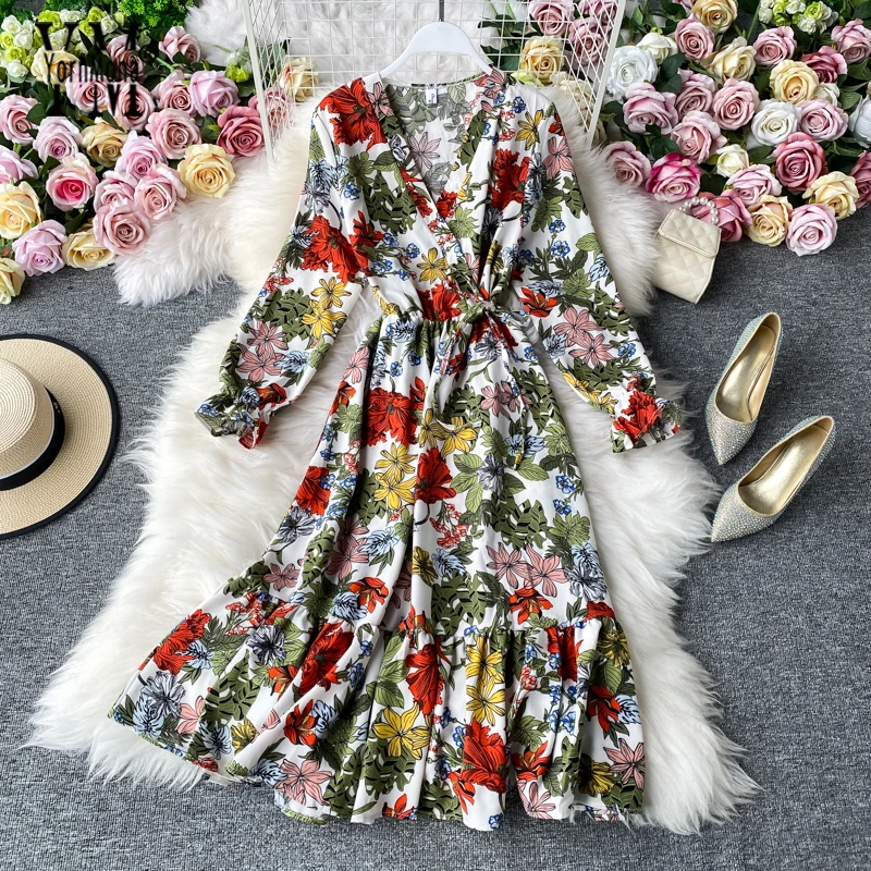 Женское длинное платье с цветочным принтом Пляжное длинным рукавом элегантные