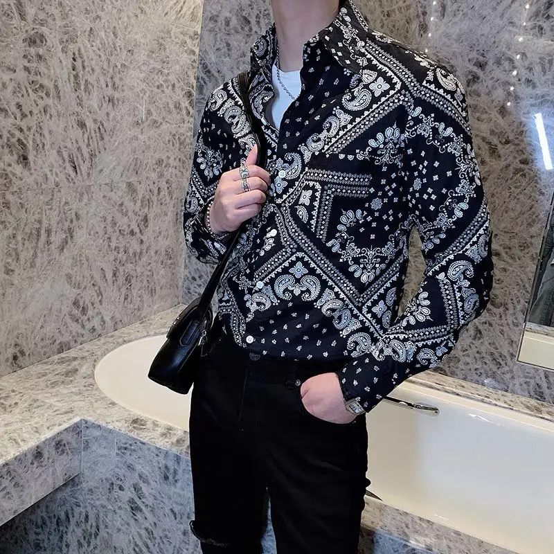 2021 autumn handsome long sleeve shirt men's casual shirt Korean slim youth floral jacket