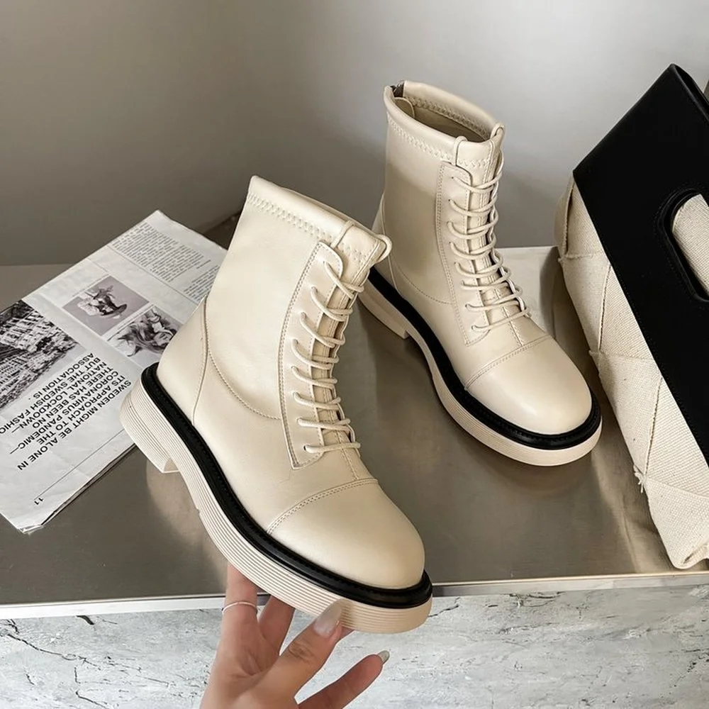 

QIWN Women's Ankle Boots Natural Leather Round Toe Outdoor Fashion Casual Shoes Lace-up Mid-tube Low-heeled Women's Boots