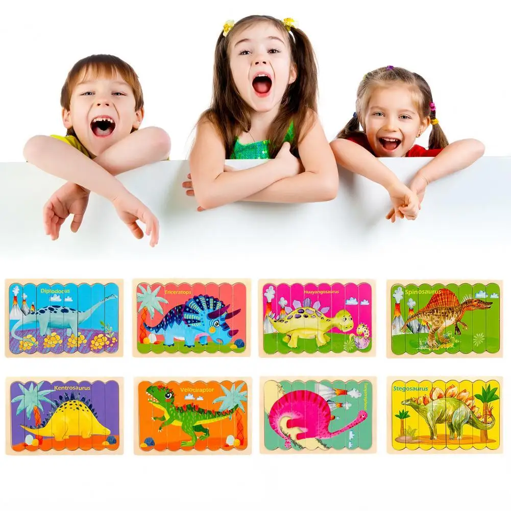 Пазлы детские деревянные двусторонние Мультяшные головоломки с динозаврами для
