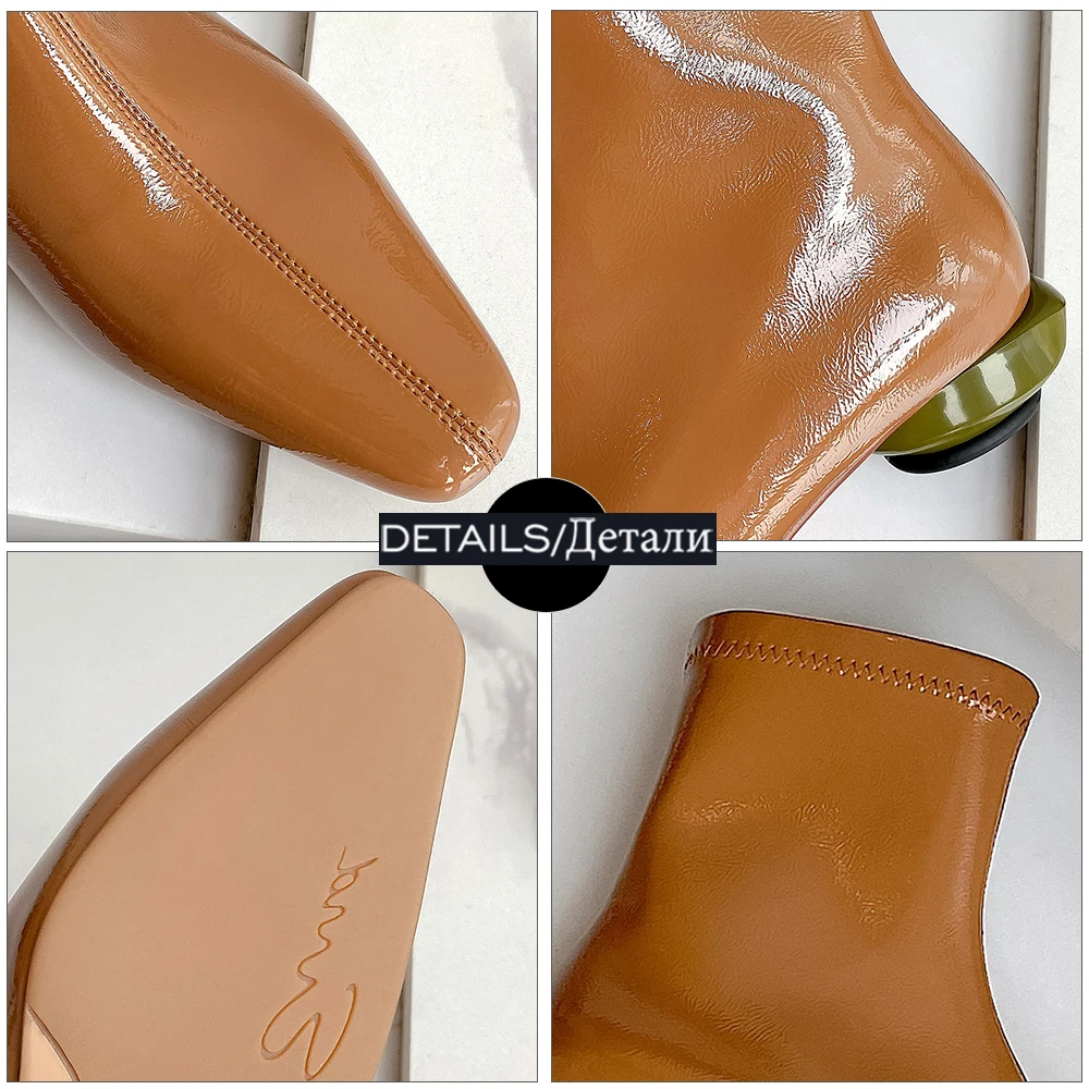 

WETKISS New Stretch Ankle Boots Women Square Toe Patent Strange Heel Booties Woman Shoes Fashion Ladies Boot Low Heel