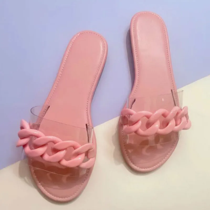 

Женские шлепанцы на плоской подошве, модные декоративные шлепанцы с цепочкой, симпатичные цветные, европейские, американские, 2021