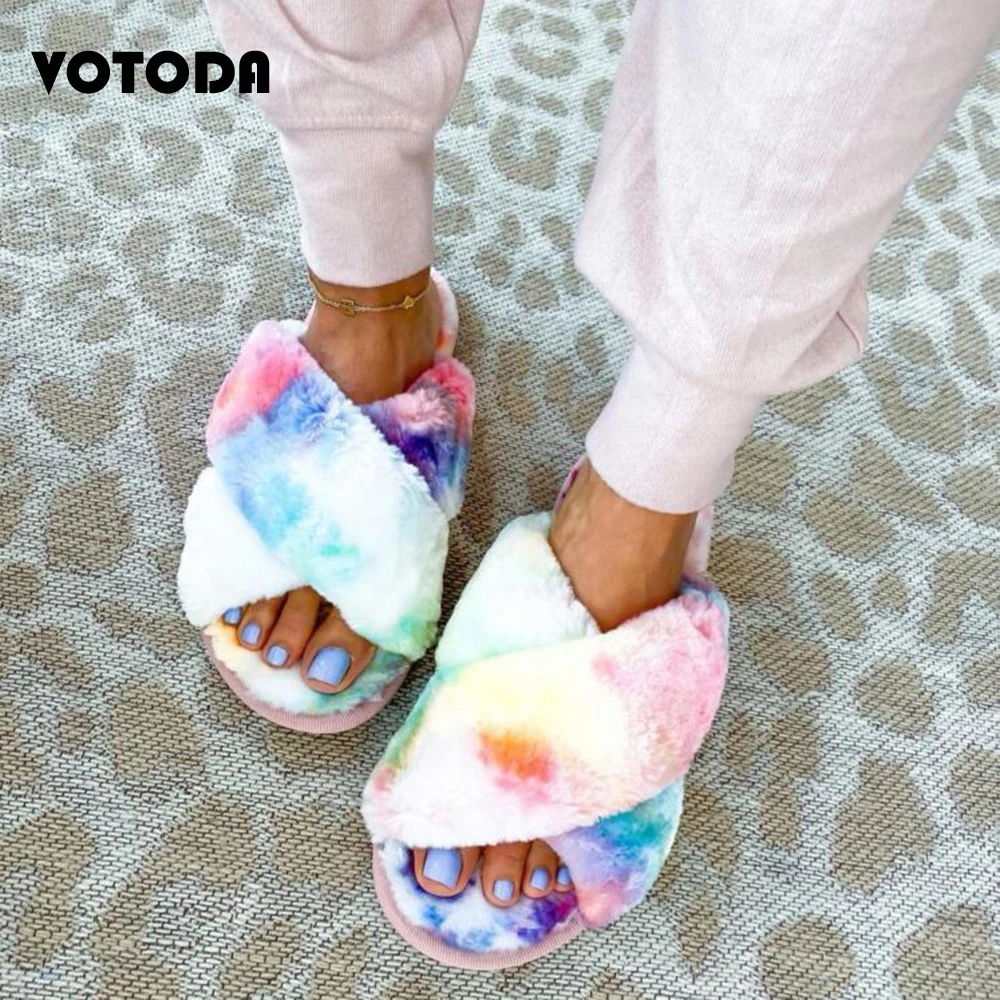 

Winter Women Home Slipper Woman Faux Fur Cross Rainbow Plush Indoor Flip Flop Ladies Furry House Slides Female Warm Slip On Shoe