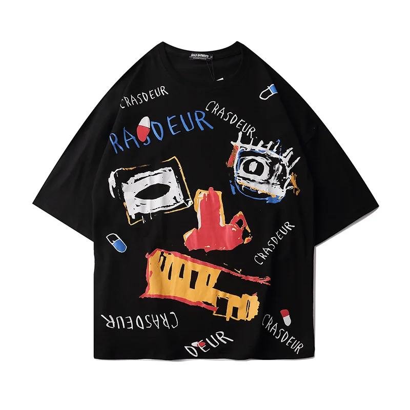 

Hip Hop T-Shirt Men 2021 Summer Streetwear Graffiti Printing Tshirts Harajuku T Shirt Black White Cotton Tees Tops WQ390