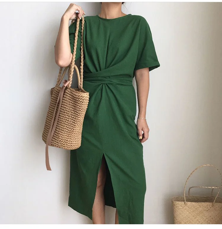 

One Piece Cotton Linen Midi Dresses Women 2020 Summer New Short Sleeve Vintage Dress Bodycon Female Split Bandage Vestidos Femme