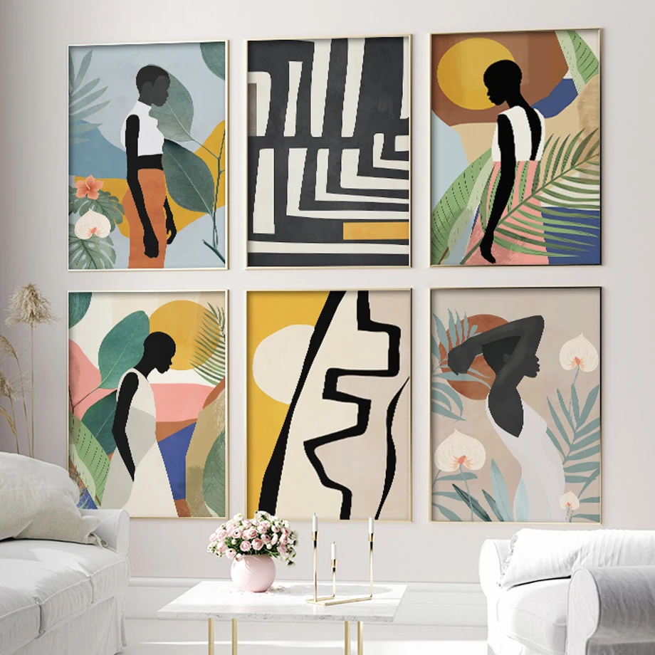 

Nordic Poster And Prints Wall Art Picture Decoration Abstract African Woman Flower Leaves Canvas Painting Living Room Home Decor