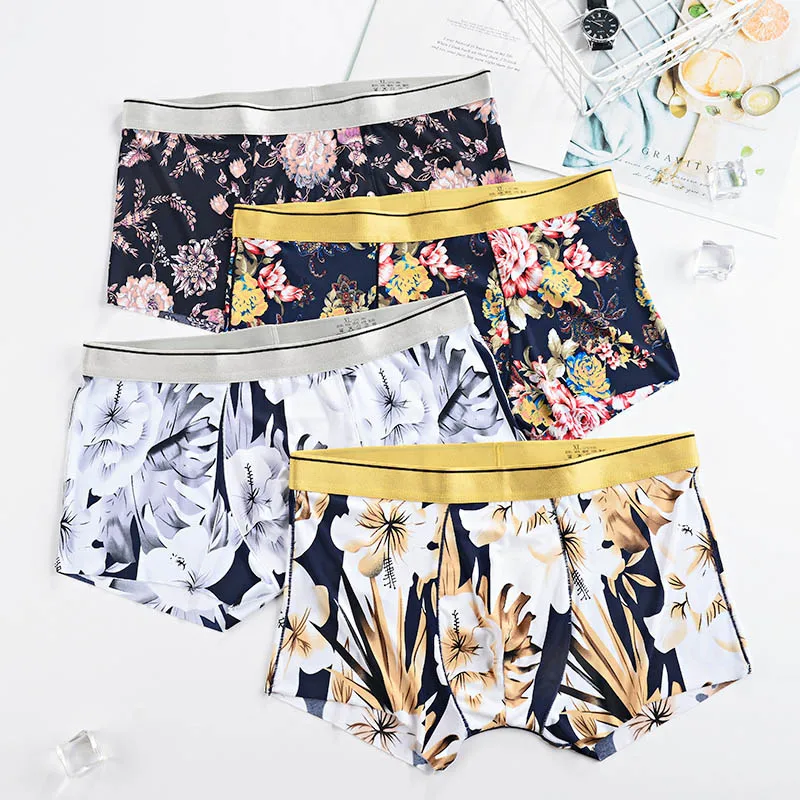 Мужские трусы-боксеры из ледяного шелка модное мужское нижнее белье с цветочным