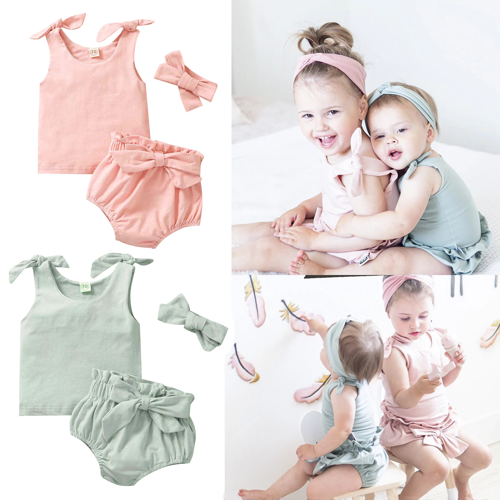 

Pudcoco 3 шт. 0-3 лет для маленьких девочек летние однотонные цветные наряды костюм, платье без рукавов с галстуком-бабочкой на бретелях топ, жиле...