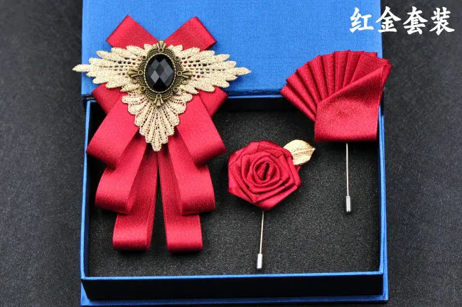 3pcs Bow Tie Set Элегантный мужской и женский деловой Галстук Свадебная вечеринка сплав броши галстук-бабочка Набор Полосатый носовой платок Карманный квадратный ленточка с бантиками - Цвет: 3pcs Bow Tie Set