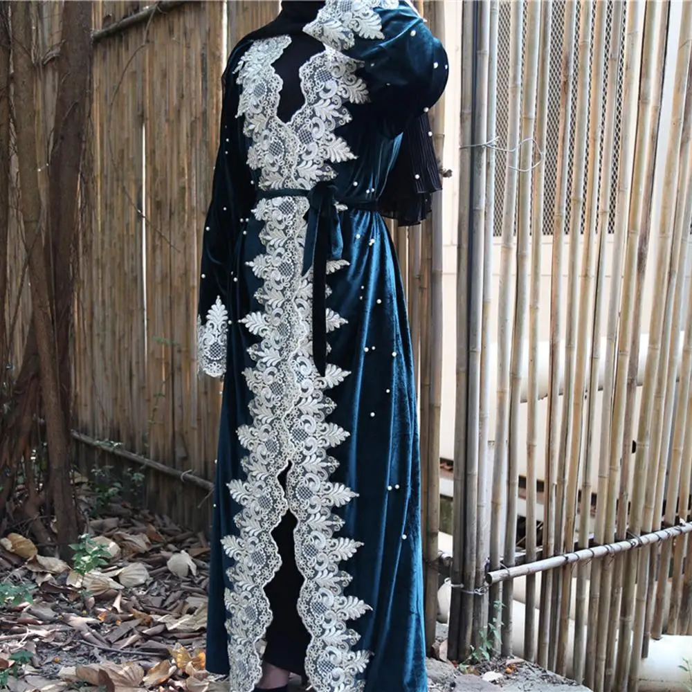 2021 Fashion Velvet Abaya For Women Loose Lace Stitching Beaded Gold Cardigan Dubai Islamic Robe Elegant Kimono | Тематическая