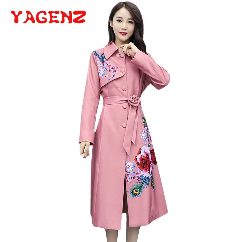 

YAGENZ Fashion Embroidered Trench Coat Women Spring Autumn Clothes Outwear Long Single-breasted With Belt Windbreaker Coat 722