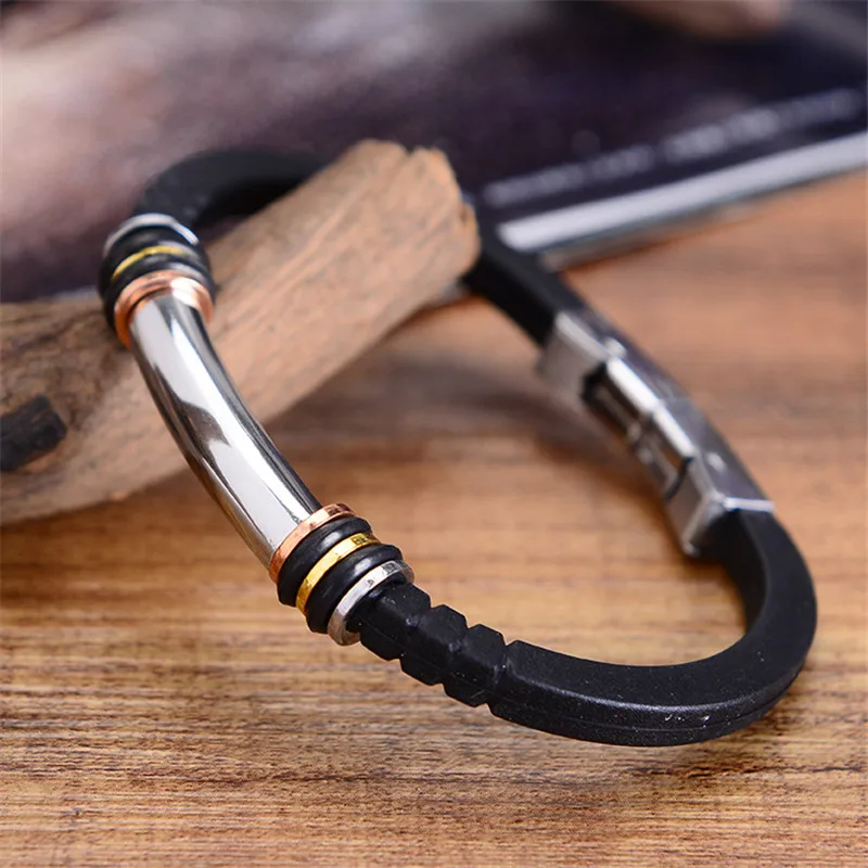 Мужской браслет из нержавеющей стали резиновый силиконовый с застежкой для