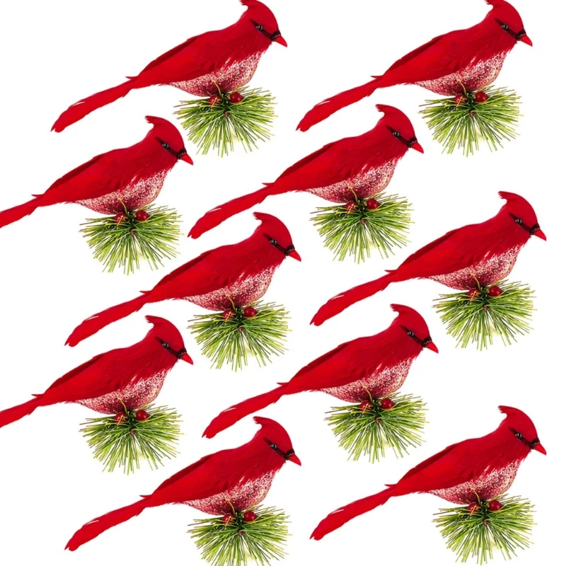 

Искусственные красные кардинальные птицы, зажим на ветви сосны, 10 шт., рождественские реалистичные птицы с перьями и зажимом для рождествен...