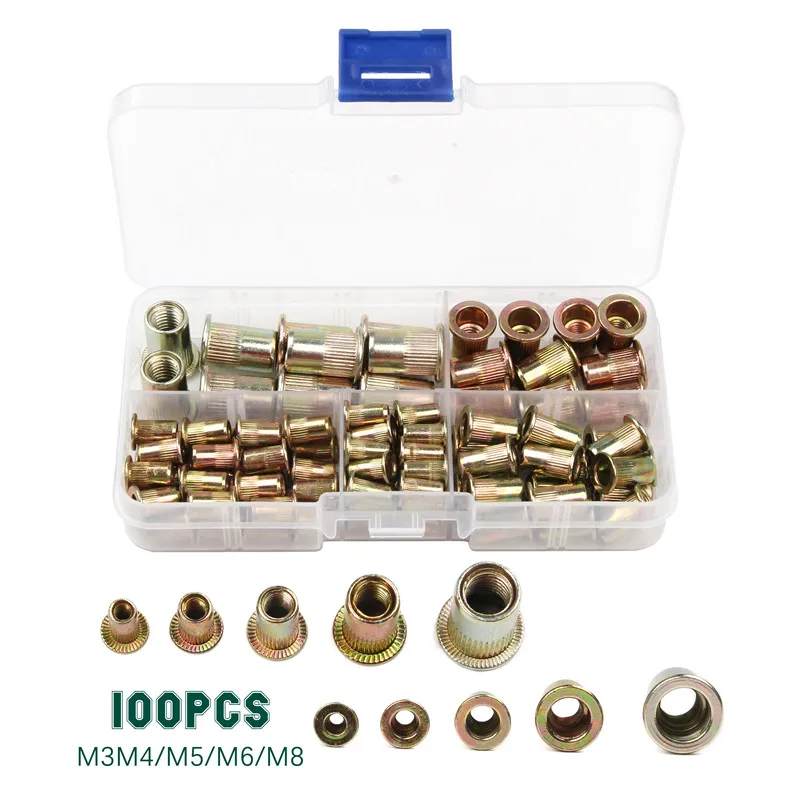 

100PCS/lot With Box Carbon Steel Rivet Nuts M3 M4 M5 M6 M8 Multi Size Insert Rivets Flat Head Rivet Nuts Set
