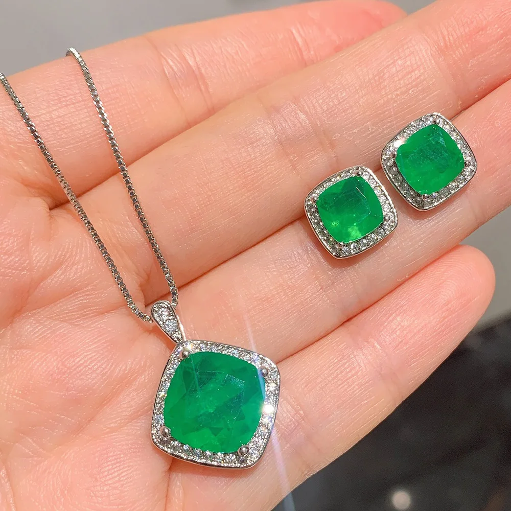 

Shipei 925 Sterling Silver Emerald Created Moissanite Gemstone Vintage Earrings/Pendant/Necklace Wedding Engagement Jewelry Sets