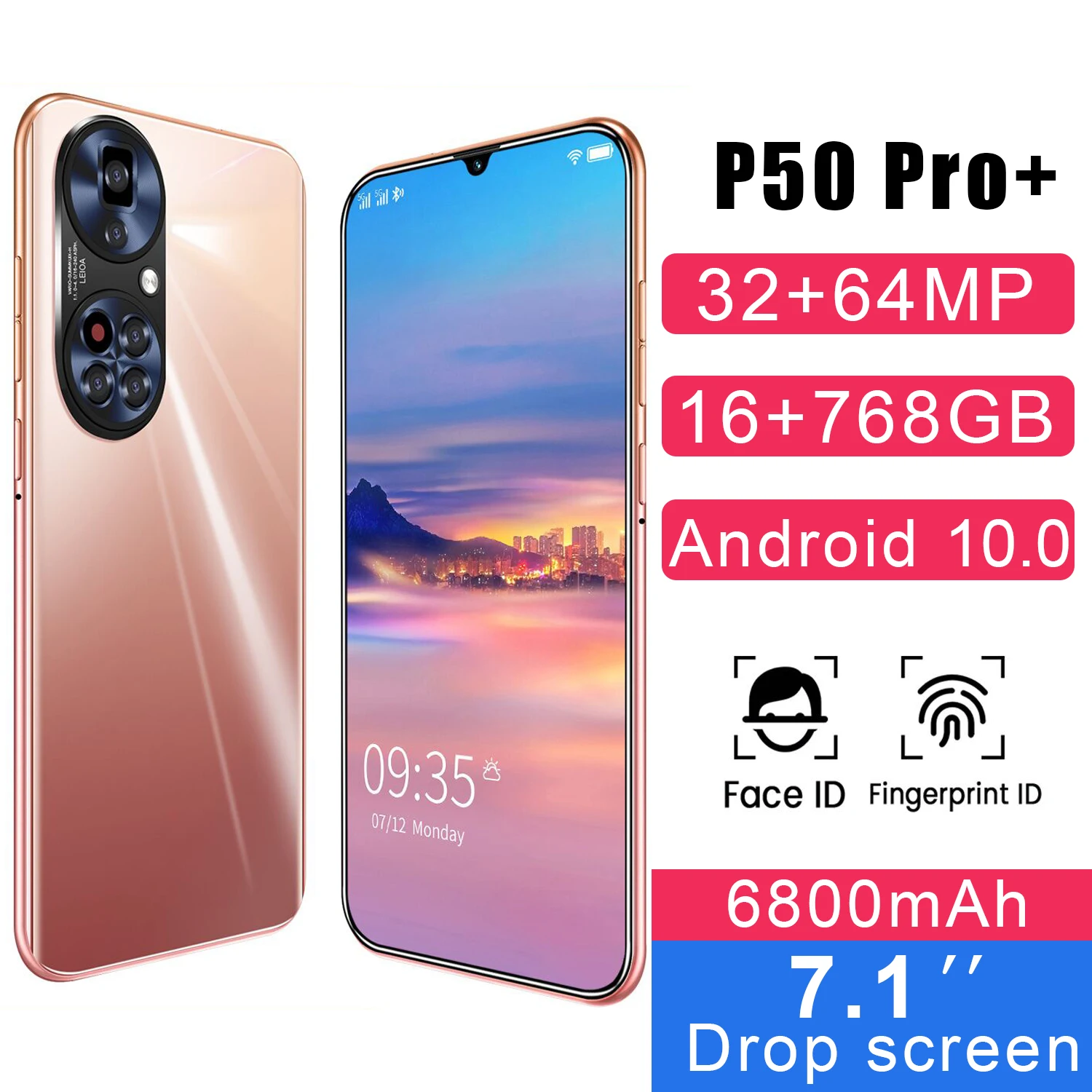 

Global Version P50 Pro+ 7.1Inch 16GB+768GB Smartphone 5G 10 Core 1440*3040 32MP+64MP MTK6598 Android 10.0 6800MAH Fingerprint ID