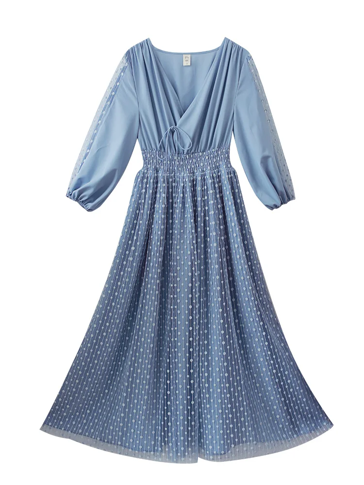 

IRINAMM155 2020SS vintage v neck three quarter sleeve elastic waist long embroidered tulle dress