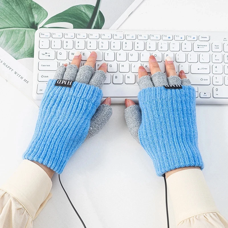 USB Charging Heating Gloves Adult Winter Warm Cycling Knitted Half Finger Leakage Finger Heating Gloves Calefactable Pink Blue
