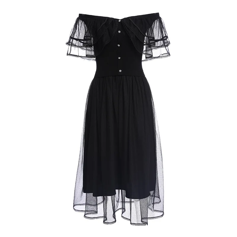 

Slim Fit & Flare 2020 Summer Off Shoulder Knitted Sexy Tulle Mesh Patchwork Mid-Calf Length Black Pink Dress Cape