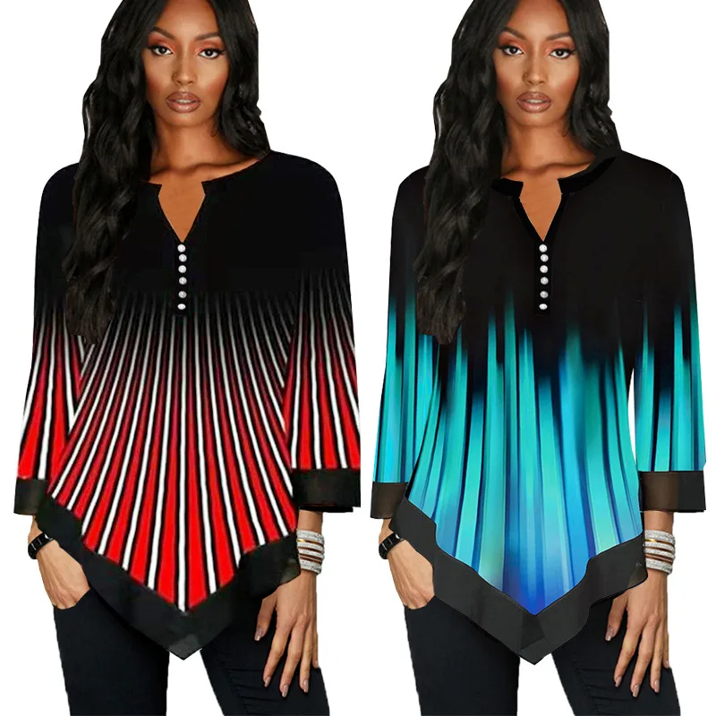 Женская Полосатая рубашка большого размера Весенняя Асимметричная с v-образным