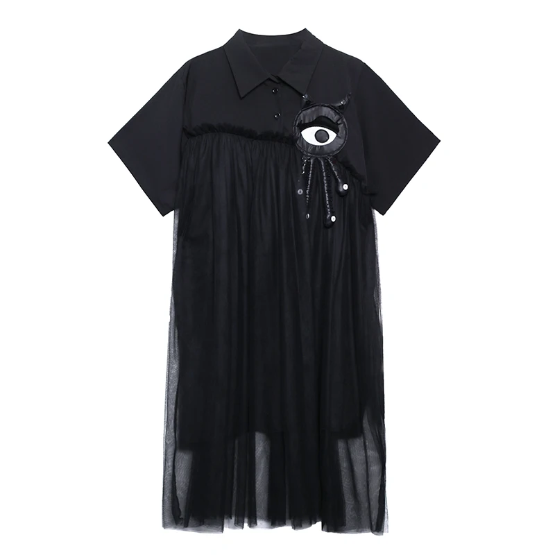 

XUXI Women Mesh Stitching Dress Fashion Short Sleeve Summer 2021 Streetwear Retro Loose And Thin Black Skirt E1938