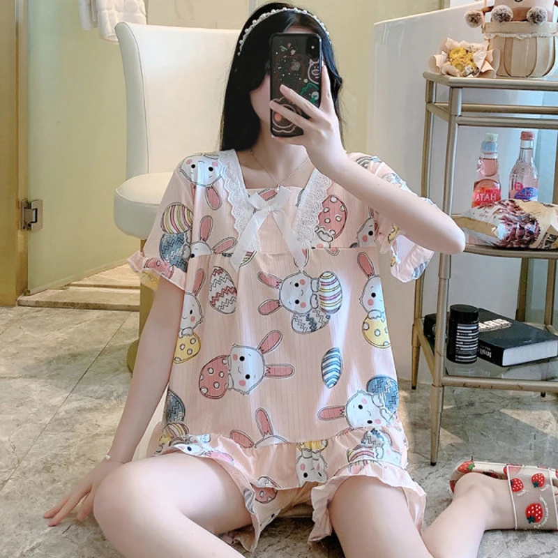 

New Women Pajamas Set Simple Casual Sleepwear Silk Pyjamas Cute Lounge T-Shirts+Shorts Soft Home Wear For Teen Girls Plus Size
