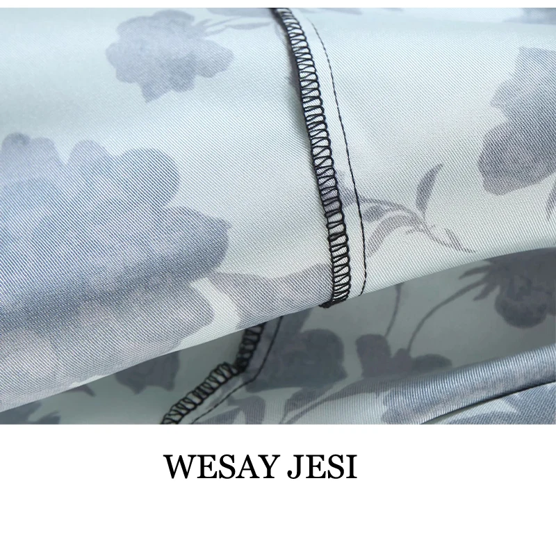 

WESAY JESI Womens Shirt Flower Printing Loose Satin Blouse Female Turndown Collar Long Sleeve Shirt Casual Lady Tops Blusas