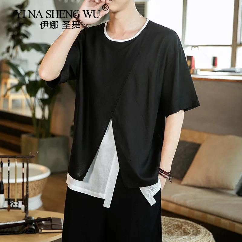 Модный дизайн топ с круглым вырезом и разрезом на подоле летняя Мужская Новая