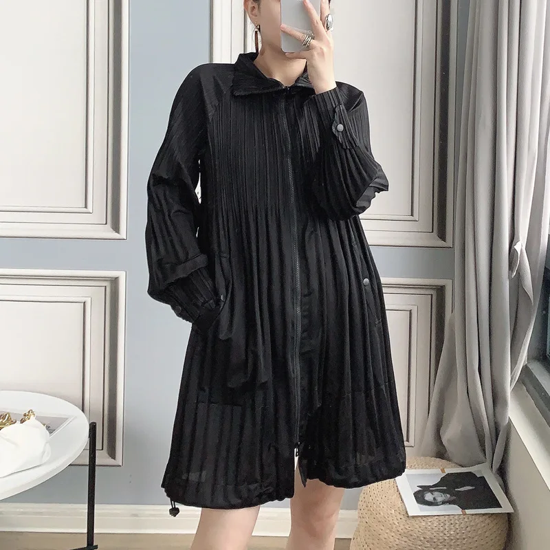 

Miyake Pleated Jacket For Women 45-75kg Spring 2021 Fashion Turn Down Collar Long Sleeved Loose Casual Zipper Black Coat Female