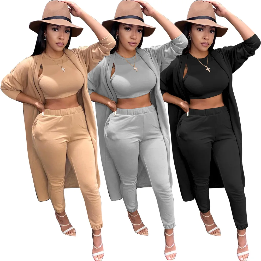 

Winter 3 Pieces Pants Sets Women Sleeveless Crop Top + Long Sleeve Cardigan Cover Coat + Skinny Pants Casual Solid Tracksuits