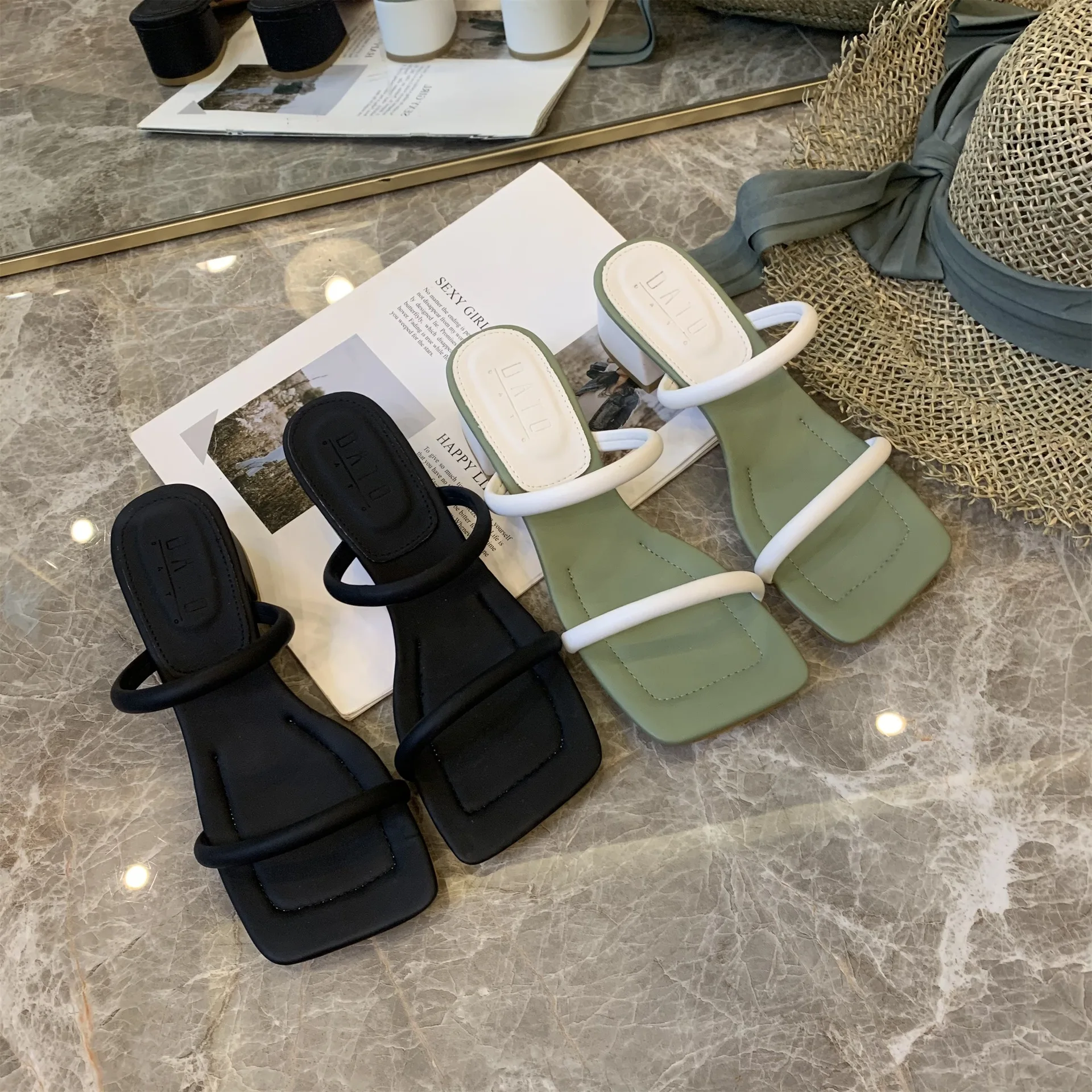

Female Shoes Ladies' Slippers Women Heels Square heel 2021 High Block PU Rubber Slides Rome Fabric Basic Hoof Square heel High-H