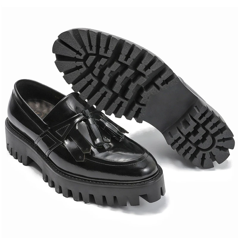 

New Spring Black Casual shoes Slip on Loafers Genuine Leather Goodyear Round Toe Party Dress Shoes high heel fringe