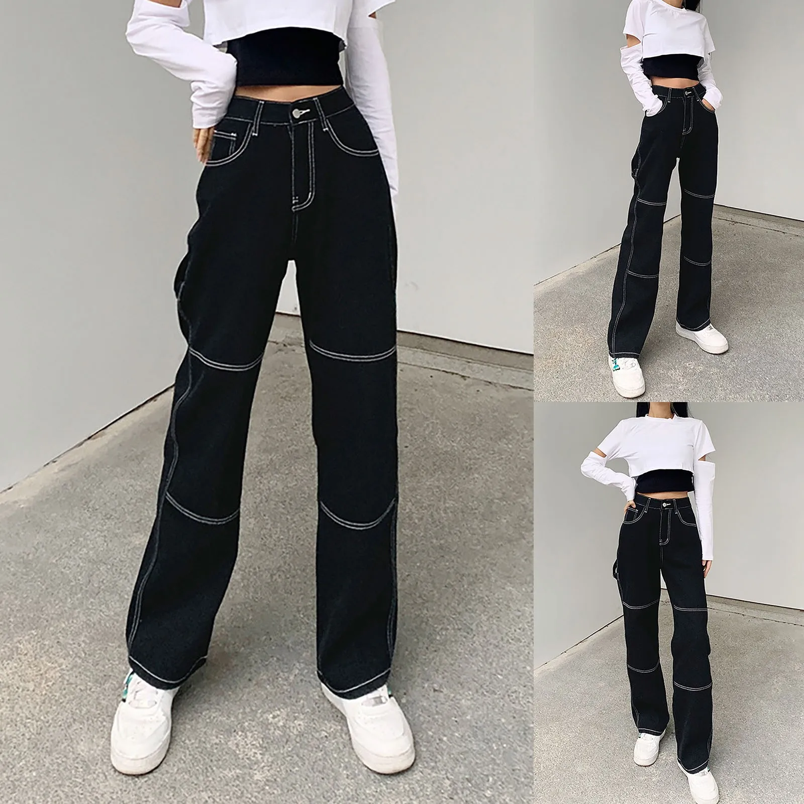 

40# Ripped Hollow Out Fashion Vintage Jeans Womens High Waisted Slim Flare Pants Holes Denim Pants Long Trousers Cotton