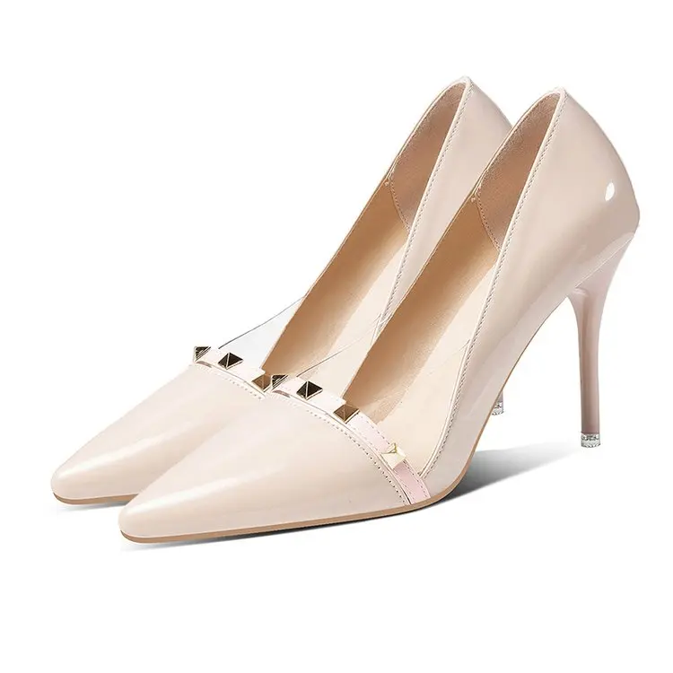 

Patent Leather Sexy Heels Shoes Pointed Toe Rivet Super High Heels Green Pumps Women Dress Shoes Stilettos 2020 New Fashion
