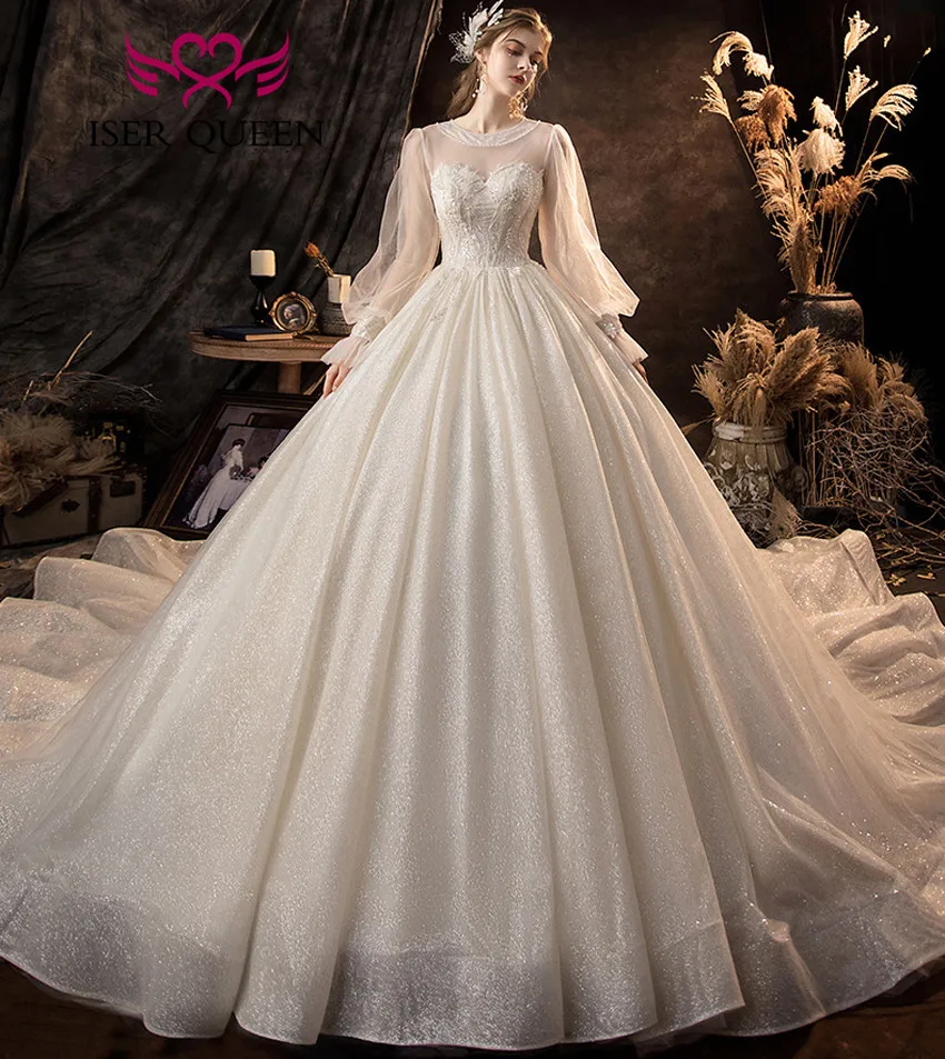 

Long Sleeve O neck Europe Princess Wedding Dress 2021 Sheer Neck Shiny Lace Appliques Plus Size Wedding Dresses Ball Gown WX0238